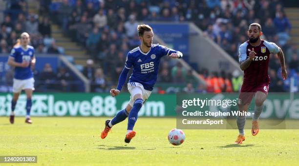 Leicester City's James Maddison during the Premier League match between Leicester City and Aston Villa at The King Power Stadium on April 23, 2022 in...