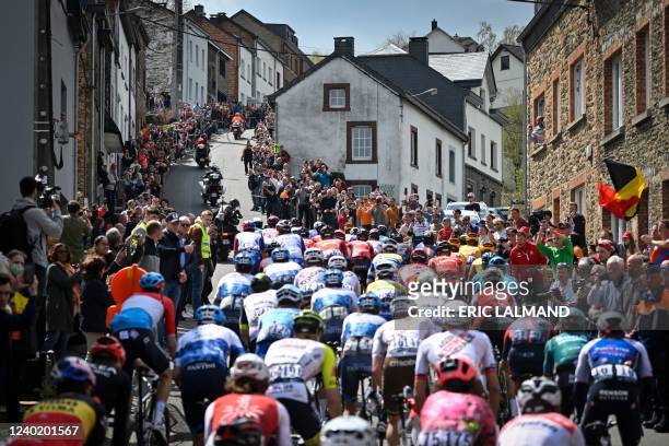 Cyclist ride up the "la cote de Saint-Roch" climb during the Liege-Bastogne-Liege one day cycling race 5km from Liege to Liege in Liege on April 24,...
