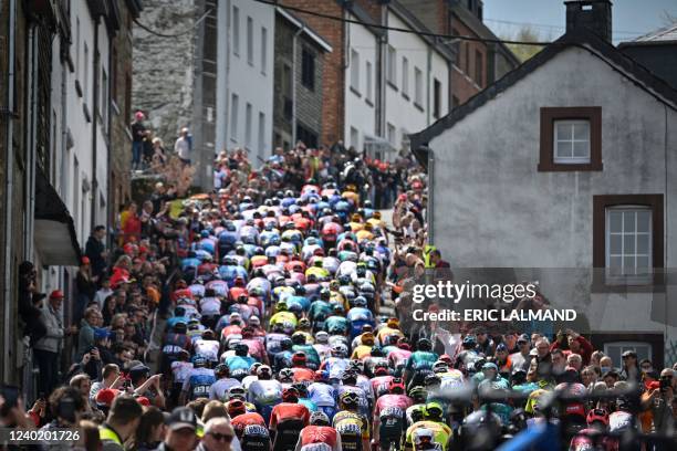 Cyclist ride up the "la cote de Saint-Roch" climb during the Liege-Bastogne-Liege one day cycling race 5km from Liege to Liege in Liege on April 24,...