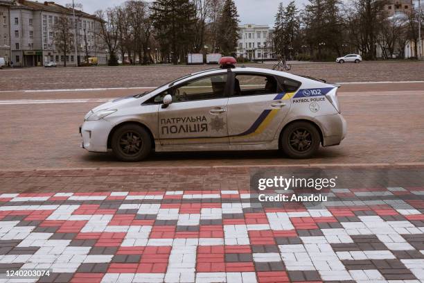 April 22: Police car in front of City Hall of Chernihiv on April 22, 2022.