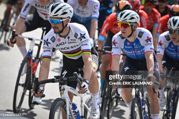 France's Julian Alaphilippe of Quick-Step Alpha Vinyl and Belgium Remco Evenepoel of Quick-Step Alpha Vinyl compete during the Liege-Bastogne-Liege...