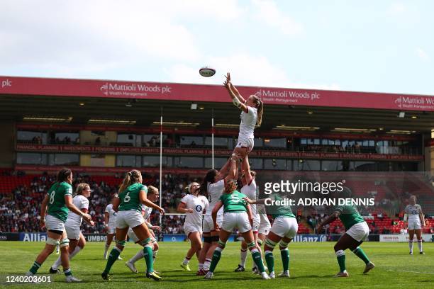 Players compete for the ball in the lineout the Six Nations international women's rugby union match between England and Ireland at Mattioli Woods...