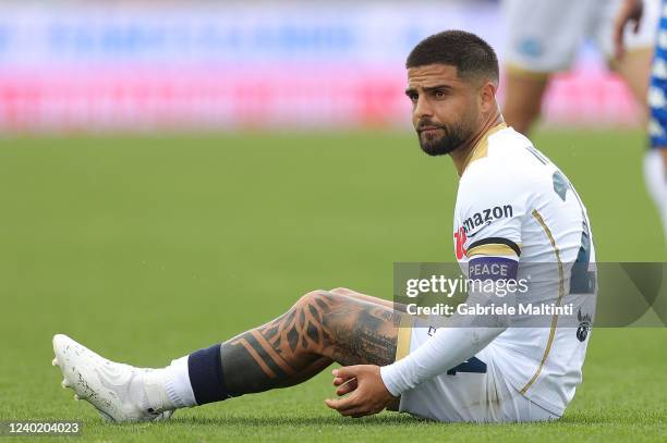 Lorenzo Insigne of SSC Napoli reacts during the Serie A match between Empoli FC and SSC Napoli at Stadio Carlo Castellani on April 24, 2022 in...