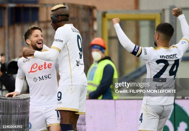 Napoli's Belgian forward Dries Mertens celebrates with Napoli's Nigerian forward Victor Osimhen and Napoli's Italian forward Lorenzo Insigne after...