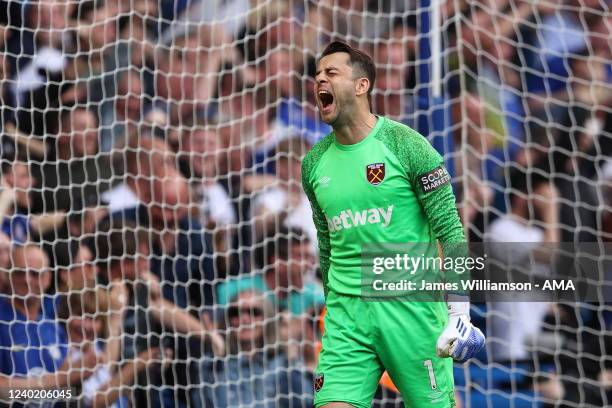 Lukasz Fabianski of West Ham United reacts after Christian Pulisic of Chelsea scored a goal to make it 1-0 during the Premier League match between...