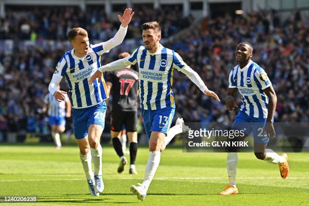 Brighton's German midfielder Pascal Gross celebrates with teammates but his goal is chalked off after a VAR review for offside during the English...