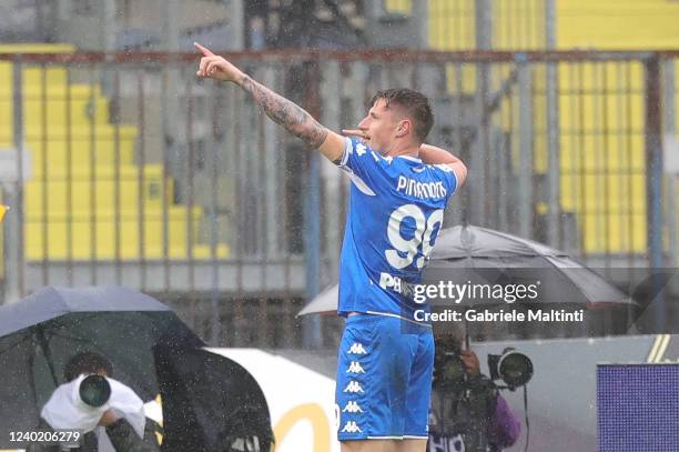 Andrea Pinamonti of Empoli FC celebrates after scoring a goal during the Serie A match between Empoli FC and SSC Napoli at Stadio Carlo Castellani on...