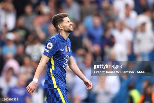 Jorginho of Chelsea reacts after missing his penalty during the Premier League match between Chelsea and West Ham United at Stamford Bridge on April...