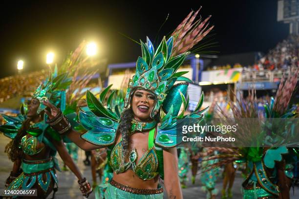 Members of Portela Samba School perform at the Marques de Sapucai Sambadrome during Carnival Parade 2022 in Rio de Janeiro, Brazil, on April 23, 2022.