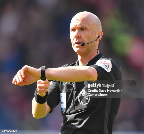 Referee Anthony Taylo during the Premier League match between Burnley and Wolverhampton Wanderers at Turf Moor on April 24, 2022 in Burnley, United...