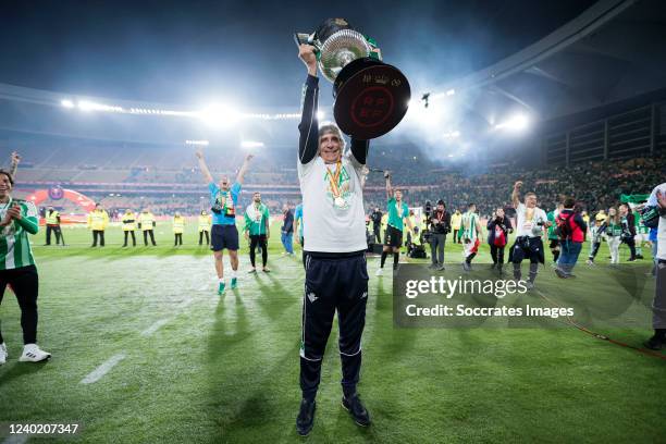 Coach Manuel Pellegrini of Real Betis with the Copa del Rey Trophy during the Spanish Copa del Rey match between Real Betis Sevilla v Valencia at the...