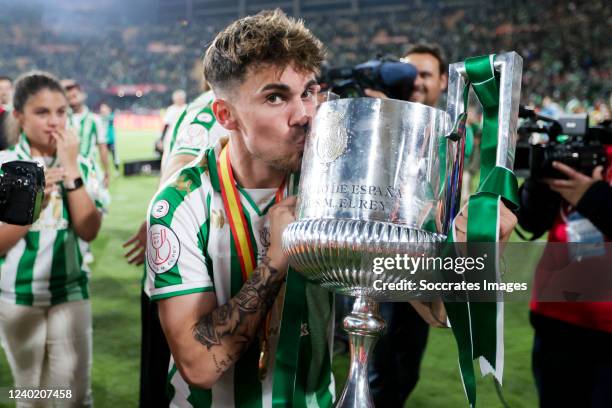 Rodri Sanchez of Real Betis with the Copa del Rey Trophy during the Spanish Copa del Rey match between Real Betis Sevilla v Valencia at the Estadio...