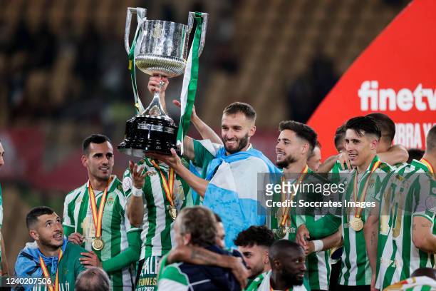 German Alejo Pezzella of Real Betis with the Copa del Rey Trophy during the Spanish Copa del Rey match between Real Betis Sevilla v Valencia at the...