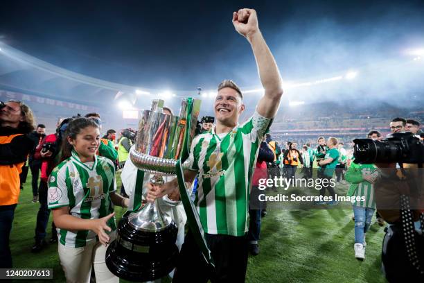 Joaquin Sanchez of Real Betis with the Copa del Rey Trophy during the Spanish Copa del Rey match between Real Betis Sevilla v Valencia at the Estadio...