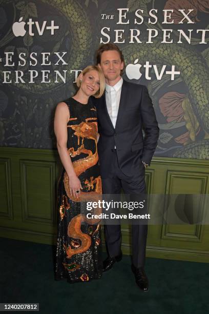 Claire Danes and Tom Hiddleston attend the Premiere of "The Essex Serpent" at The Ham Yard Hotel on April 24, 2022 in London, England. The Essex...
