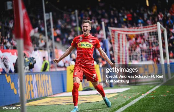 Luka Sucic of Salzburg celebrates his team's third goal during the Admiral Bundesliga match between FC Red Bull Salzburg and Austria Wien at Red Bull...