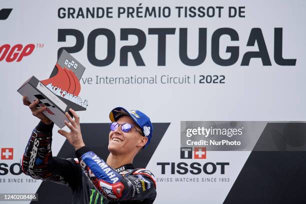 Fabio Quartararo of France and Monster Energy Yamaha MotoGP celebrates the victory after the race of Grande Premio Tissot de Portugal at Autodromo do...