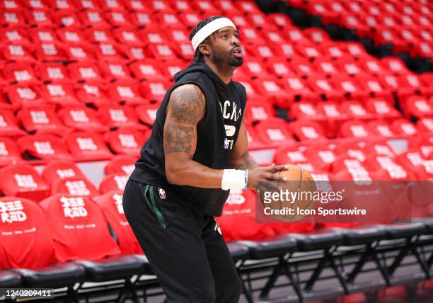 Milwaukee Bucks guard Wesley Matthews looks on before attempting a shot before Game Four of the Eastern Conference First Round Playoffs between the...