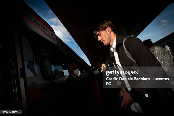 Dusan Vlahovic of Juventus during the travel to Reggio Emilia ahead of the Serie A match between Sassuolo and Juventus on April 24, 2022 in Turin,...