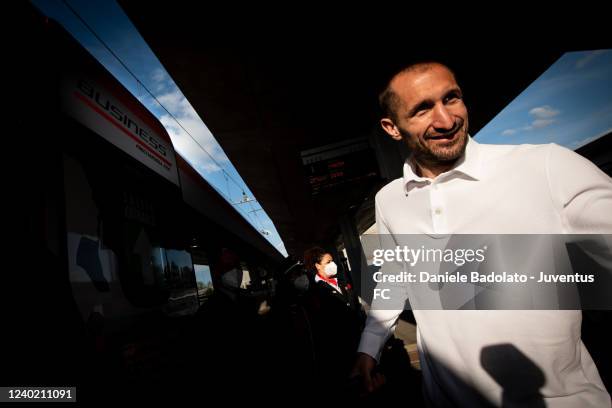 Giorgio Chiellini of Juventus during the travel to Reggio Emilia ahead of the Serie A match between Sassuolo and Juventus on April 24, 2022 in Turin,...