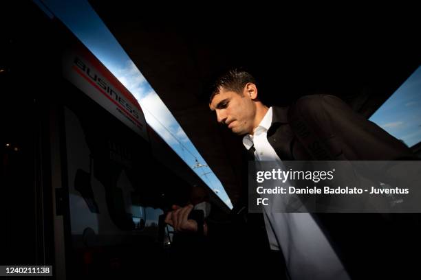 Alvaro Morata of Juventus during the travel to Reggio Emilia ahead of the Serie A match between Sassuolo and Juventus on April 24, 2022 in Turin,...