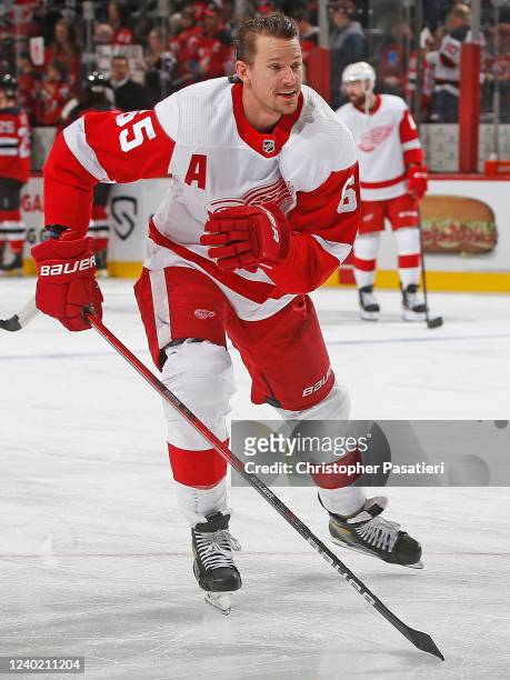Danny DeKeyser of the Detroit Red Wings skates during warm ups prior to the game against the New Jersey Devils at the Prudential Center on April 24,...