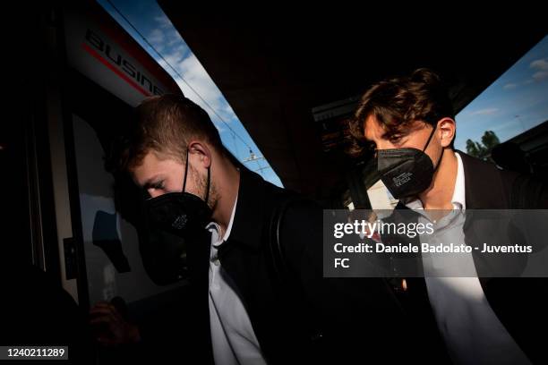 Matthijs de Ligt, Luca Pellegrini of Juventus during the travel to Reggio Emilia ahead of the Serie A match between Sassuolo and Juventus on April...
