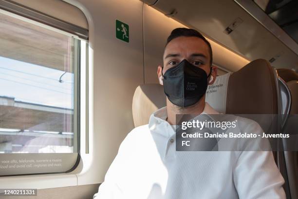Mattia De Sciglio of Juventus during the travel to Reggio Emilia ahead of the Serie A match between Sassuolo and Juventus on April 24, 2022 in Turin,...