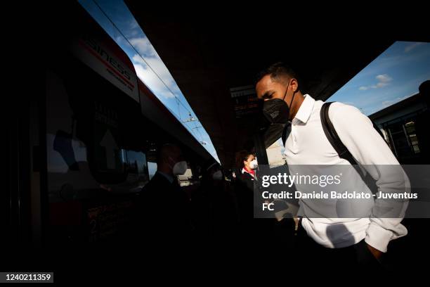 Alex Sandro of Juventus during the travel to Reggio Emilia ahead of the Serie A match between Sassuolo and Juventus on April 24, 2022 in Turin, Italy.