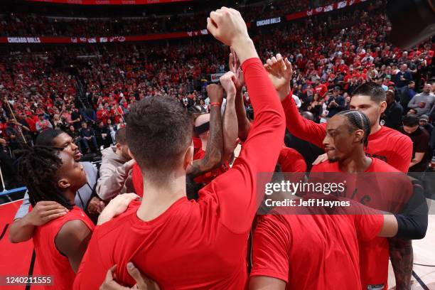 The players of the Chicago Bulls huddle up before the game against the Milwaukee Bucks during Round 1 Game 4 of the 2022 NBA Playoffs on April 24,...