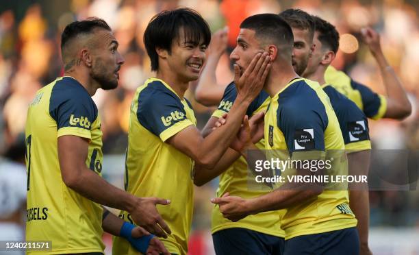 Union's Kaoru Mitoma celebrates after scoring during a soccer match between Royale Union Saint-Gilloise and RSC Anderlecht, Sunday 24 April 2022 in...