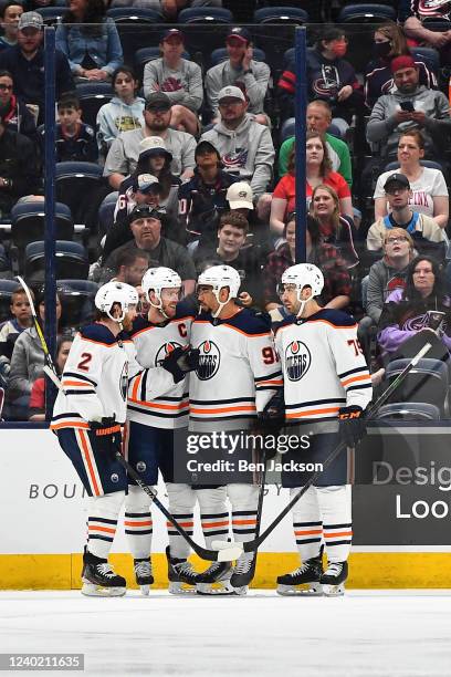 Evander Kane of the Edmonton Oilers celebrates a first period goal with his teammates during a game against the Columbus Blue Jackets at Nationwide...