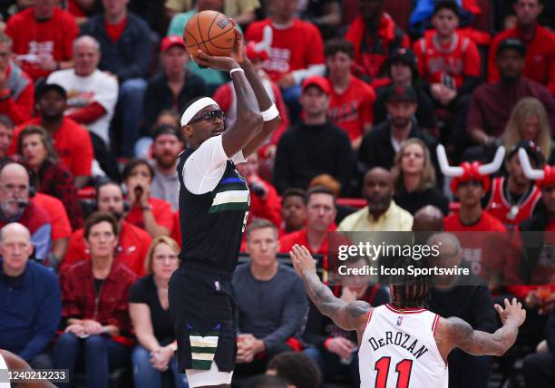 Milwaukee Bucks center Bobby Portis shoots a three point basket during Game Four of the Eastern Conference First Round Playoffs between the Milwaukee...