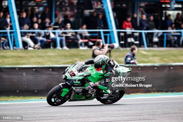 Oliver Konig from Czech Republic and Kawasaki ZX 10RR during the World Superbike Race 2 at Assen TT Circuit on April 24, 2022 in Assen, Netherlands.