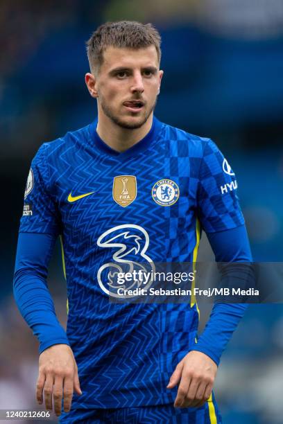 Mason Mount of Chelsea looks on during the Premier League match between Chelsea and West Ham United at Stamford Bridge on April 24, 2022 in London,...