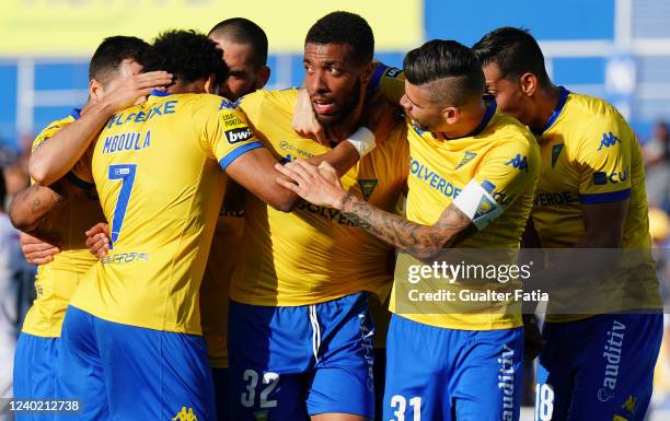 Loreintz Rosier of GD Estoril Praia celebrates with teammates after scoring a goal during the Liga Bwin match between GD Estoril Praia and Belenenses...