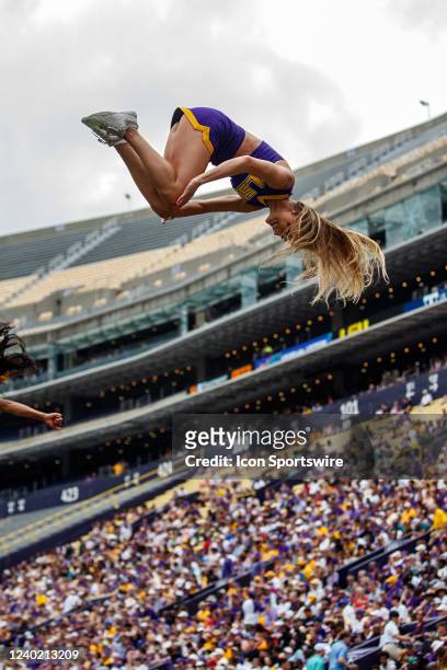 The LSU Tigers cheerleaders entertain the crowd during the LSU Spring Game on April 23 at Tiger Stadium in Baton Rouge, Louisiana. Photo by John...
