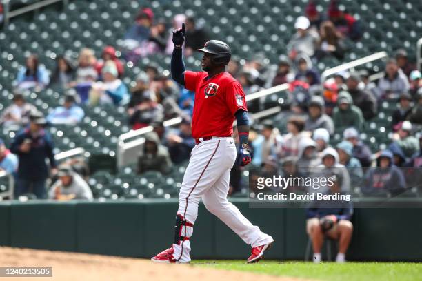Miguel Sano of the Minnesota Twins celebrates his base hit against the Chicago White Sox in the second inning of the game at Target Field on April...