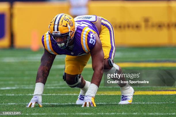 Tigers defensive lineman Quency Wiggins lines up for a play during the LSU Spring Game on April 23 at Tiger Stadium in Baton Rouge, Louisiana. Photo...