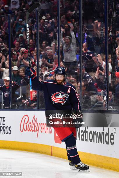 Oliver Bjorkstrand of the Columbus Blue Jackets celebrates his third period goal against the Edmonton Oilers at Nationwide Arena on April 24, 2022 in...