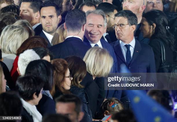 Former Prime Minister Manuel Valls and Mayor of Pau François Bayrou react after the victory of French President and La Republique en Marche party...