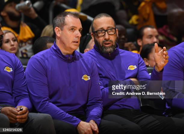 Los Angeles Lakers Head Coach Frank Voegel speaks with Assistant Coach David Fizdale during the game against the Denver Nuggets on April 3, 2022 at...