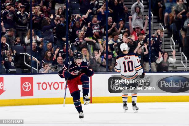 Nick Blankenburg of the Columbus Blue Jackets celebrates his first NHL goal during the third period against the Edmonton Oilers at Nationwide Arena...