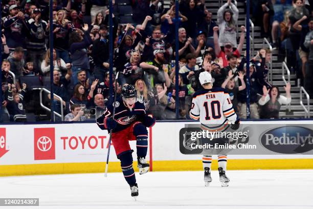 Nick Blankenburg of the Columbus Blue Jackets celebrates his first NHL goal during the third period against the Edmonton Oilers at Nationwide Arena...