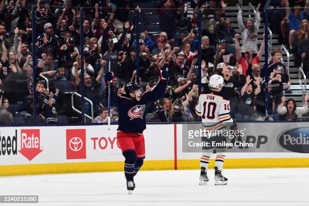 Nick Blankenburg of the Columbus Blue Jackets celebrates his first NHL goal during the third period against the Edmonton Oilers at Nationwide Arena...