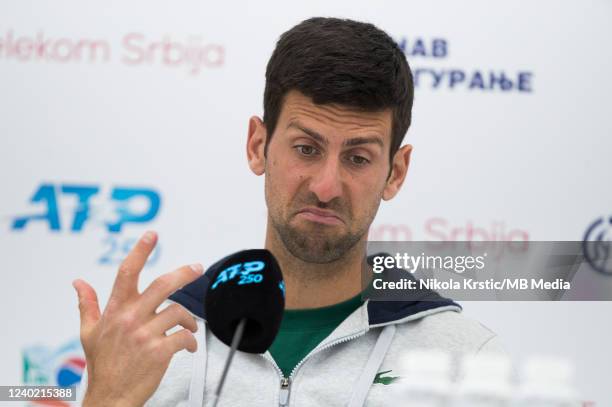 Novak Djokovic speaks during the press conference after the final during the Final match of Serbia Open ATP 250 Tournament at Novak Tennis Centre on...