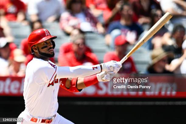 Jo Adell of the Los Angeles Angels hits a grand slam during the first inning of a baseball game against the Baltimore Orioles on April 24, 2022 at...