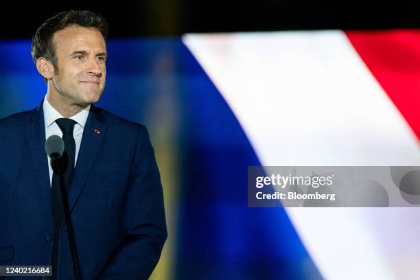 Emmanuel Macron, France's president, speaks to supporters following the second round of voting in the French presidential election in Paris, France,...