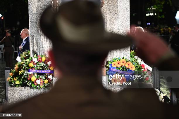 Wreaths are seen at the Cenotaph during the ANZAC Day Dawn Service at the Martin Place Cenotaph War Memorial on April 25, 2022 in Sydney, Australia....