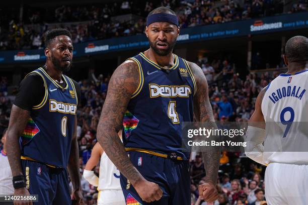 DeMarcus Cousins of the Denver Nuggets celebrates against the Golden State Warriors during Round 1 Game 4 of the 2022 NBA Playoffs on April 24, 2022...